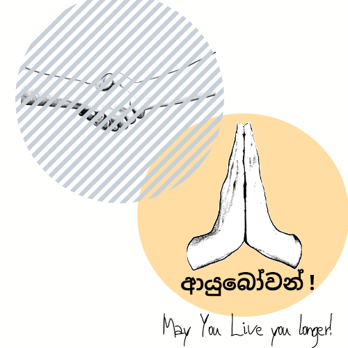 Cartoon hands have their hands pressed together as though they are praying. It represents Ayubowan, the Srilankan way of greeting
