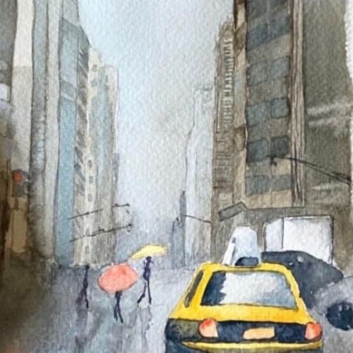 Painting of city street view with yellow cab