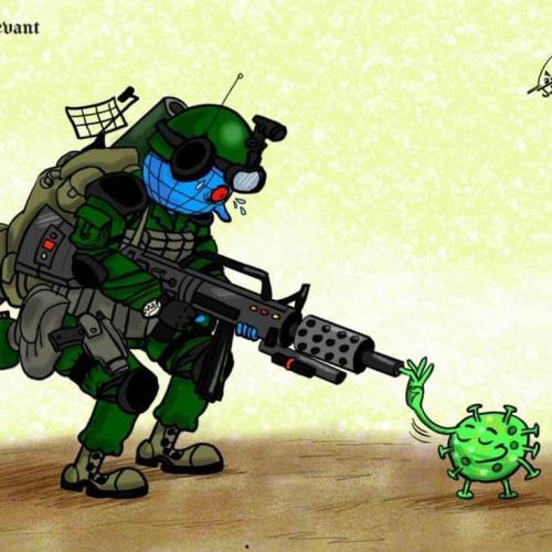 cartoon of fully-equipped solider shoots green virus