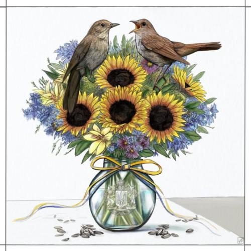 a drawing of two birds standing on a flower bouquet in a glass jar