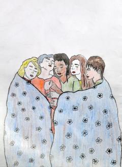 hand-drawn picture: five female of different races wrapped in a duvet