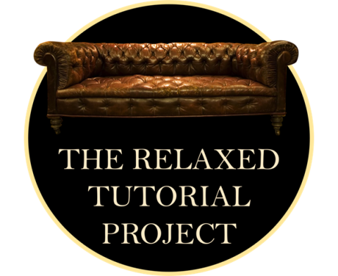 A large, studded sofa is shown, with the backdrop of a black circle and the words the relaxed tutorial project