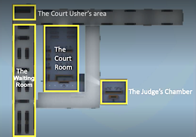 A photograph of the virtual reality courtroom map