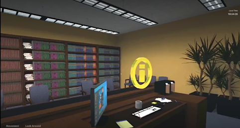 A photograph of inside the virtual reality Judge's Chambers