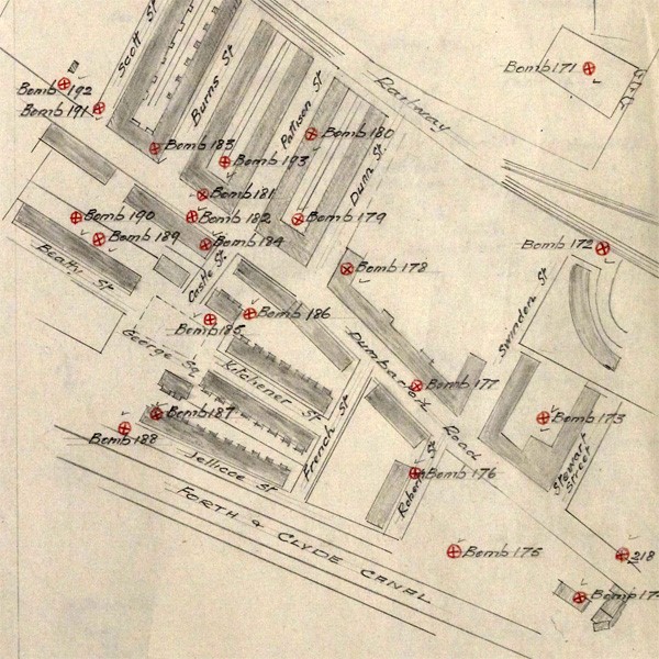Map of bomb hits on Jellicoe Street (bottom left) and other streets in Dalmuir, National Records of Scotland, HH50/162/149.