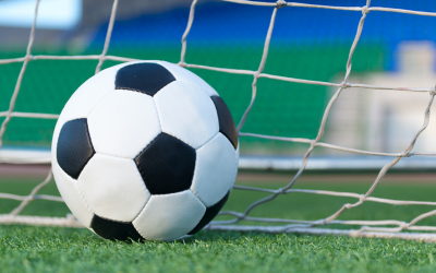 A football pictured by a goal net