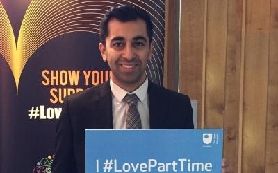 Humza Yousaf MSP with 'I #LovePartTime' sign