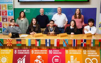 Back Row: Catriona Willis, Highland One World; Cllr Karl Rosie, Chair of the Climate Change committee; Council Leader Cllr Raymond Bremner; Gemma Burnside, Open University. Front Row: Riley McLeod-Taylor (16), Sophie Lambert (16), Mark Fernando (17), Ella Paterson (17) and Adnan Hussain (17)  
