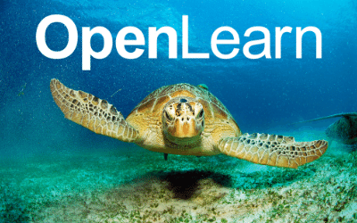 A turtle swimming underwater, and a white OpenLearn logo