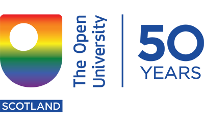 OU in Scotland 50th logo, incorporating Pride rainbow colours