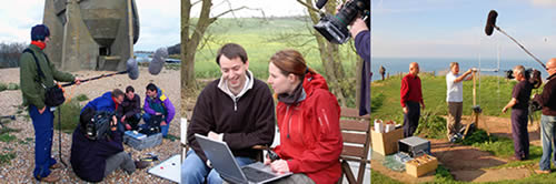 Teams of academics being filmed and recorded on location
