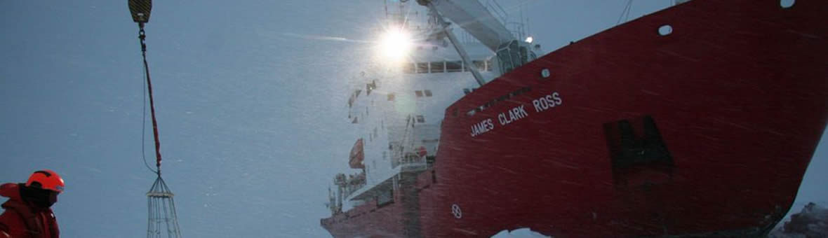 Research Ship James Clark Ross unloading equipment at the Antarctic