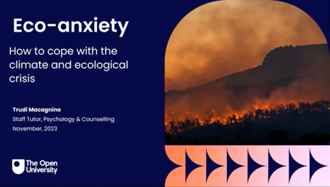 Presentation slide featuring dark blue background and image of land fire burning. 